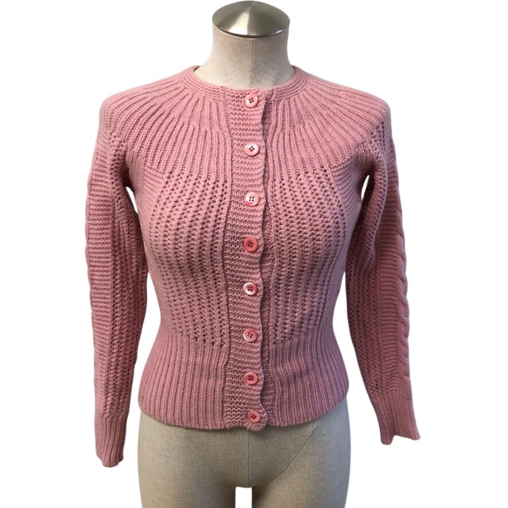Halogen Cardigan Womens Small Pink Lambswool Angora Blend Ribbed Knit Button Up